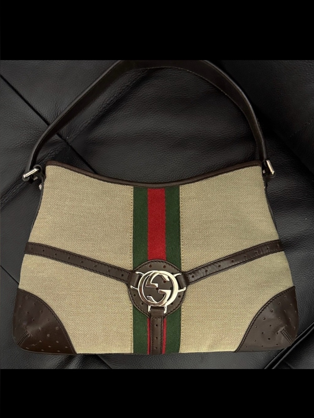 Gucci Beige, Green, Red and Dark Brown Shoulder Bag Jackie O - Picture 1 of 14